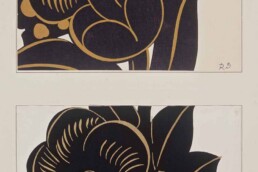 Pagina di libro campionario, Raoul Dufy; Lione, Bianchini e Férier, 1912-1928. Raso stampato; seta, pigmento metallico. Carta stampata.