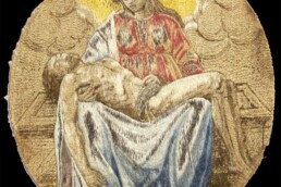 Tessuto ricamato, Soggetto: Pietà, Italia, secolo XVII primo quarto, tela ricamata; lino, seta, argento filato