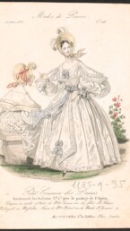 Modes de Paris. Petit Courrier des dames, 1835. Redingote en Mousseline. Incisione, acquerello su carta. MdT, donazione Comune-Cariprato, inv. n. F.81.IV.046
